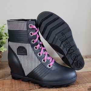 Sorel Boots Lexie Wedge Houndstooth Leather Black Winter Waterproof Bootie 3